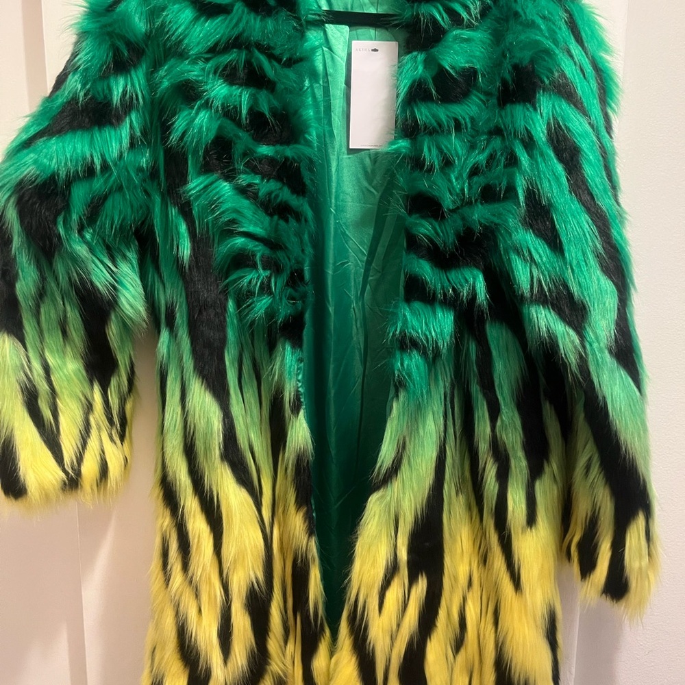 Akira Green and Yellow Faux Fur Coat